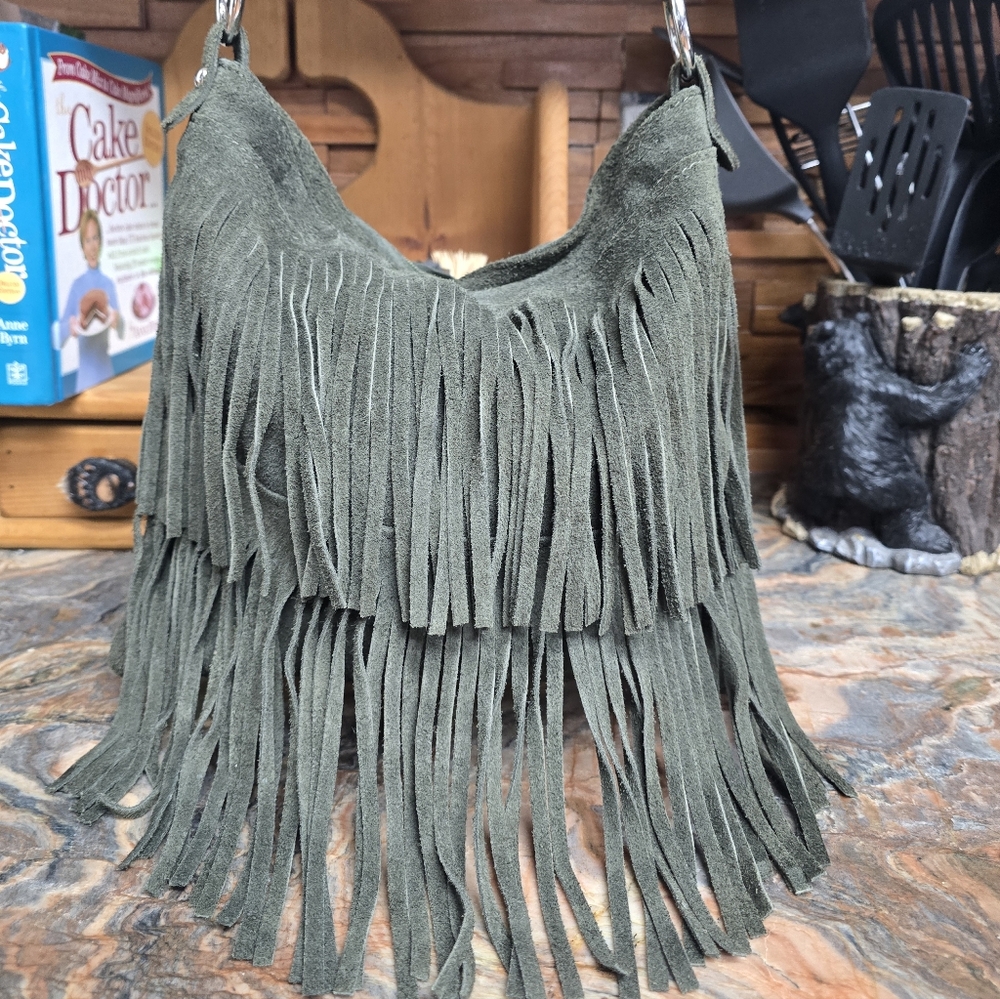 Genuine Suede Olive Purse/crossbody Fringe Bag, From Italy, New Never Used
